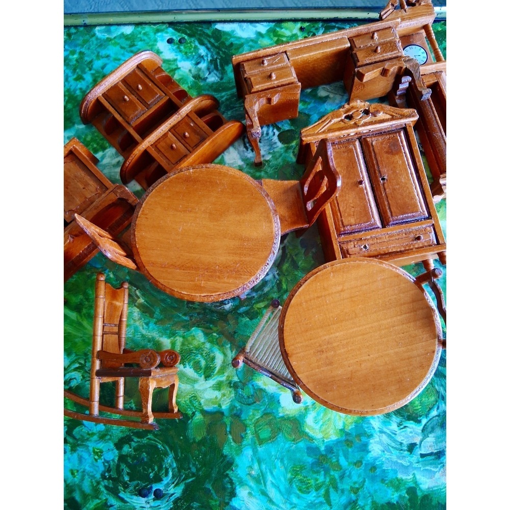 Vintage Doll House Wooden Furniture Assorted Cabinet 13 Pcs Tables Chairs Clock